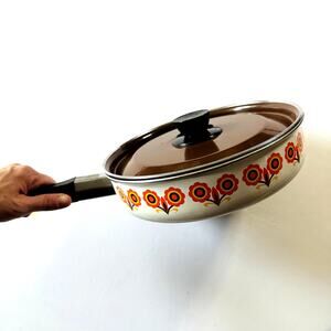 Vintage 1970s Japan Sanko Ware Floral Enamel Sauce Pan Show Pan w/ Lid